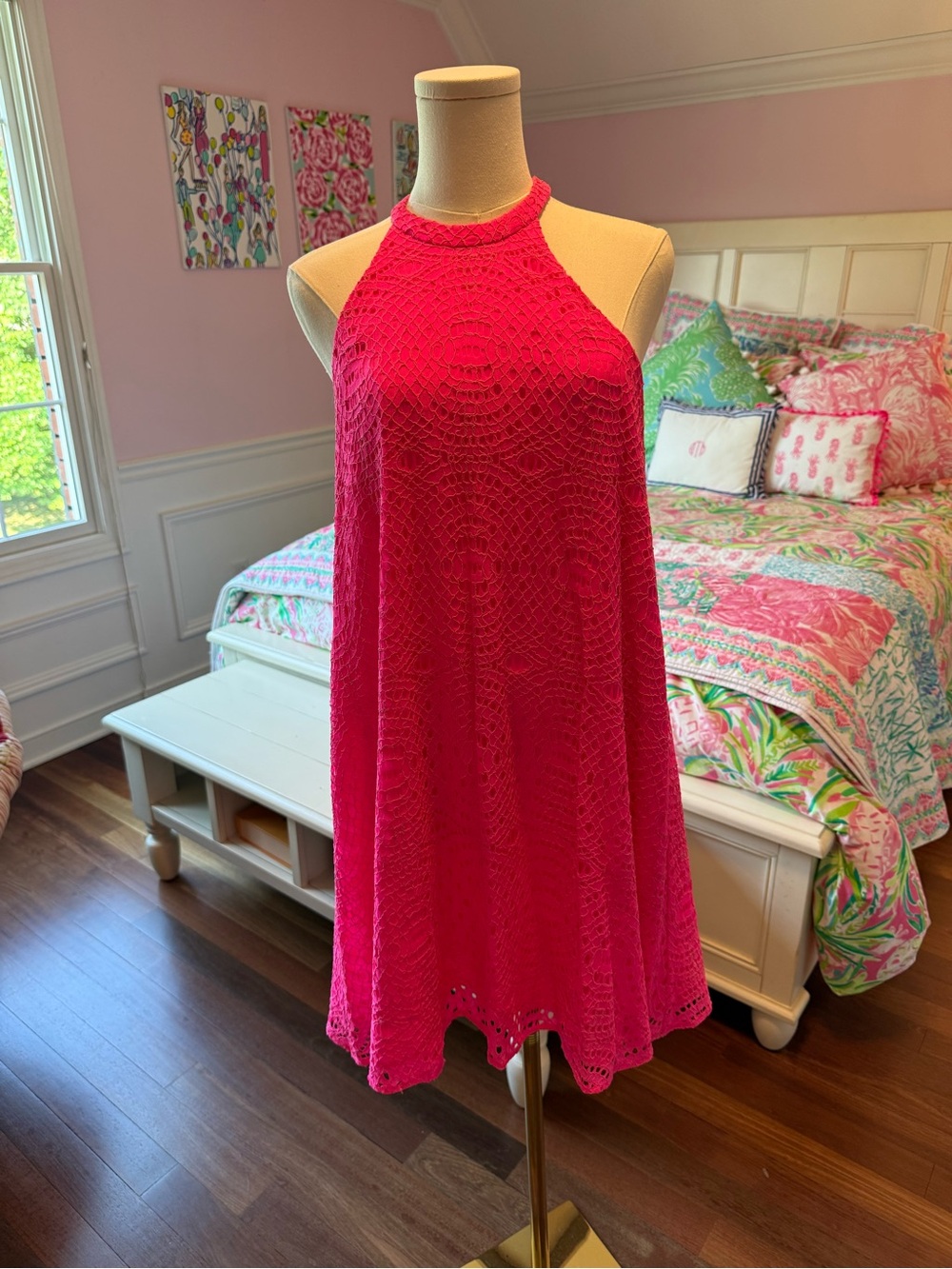 Lilly Pulitzer Hot Pink Crochet Halter Swing Dress